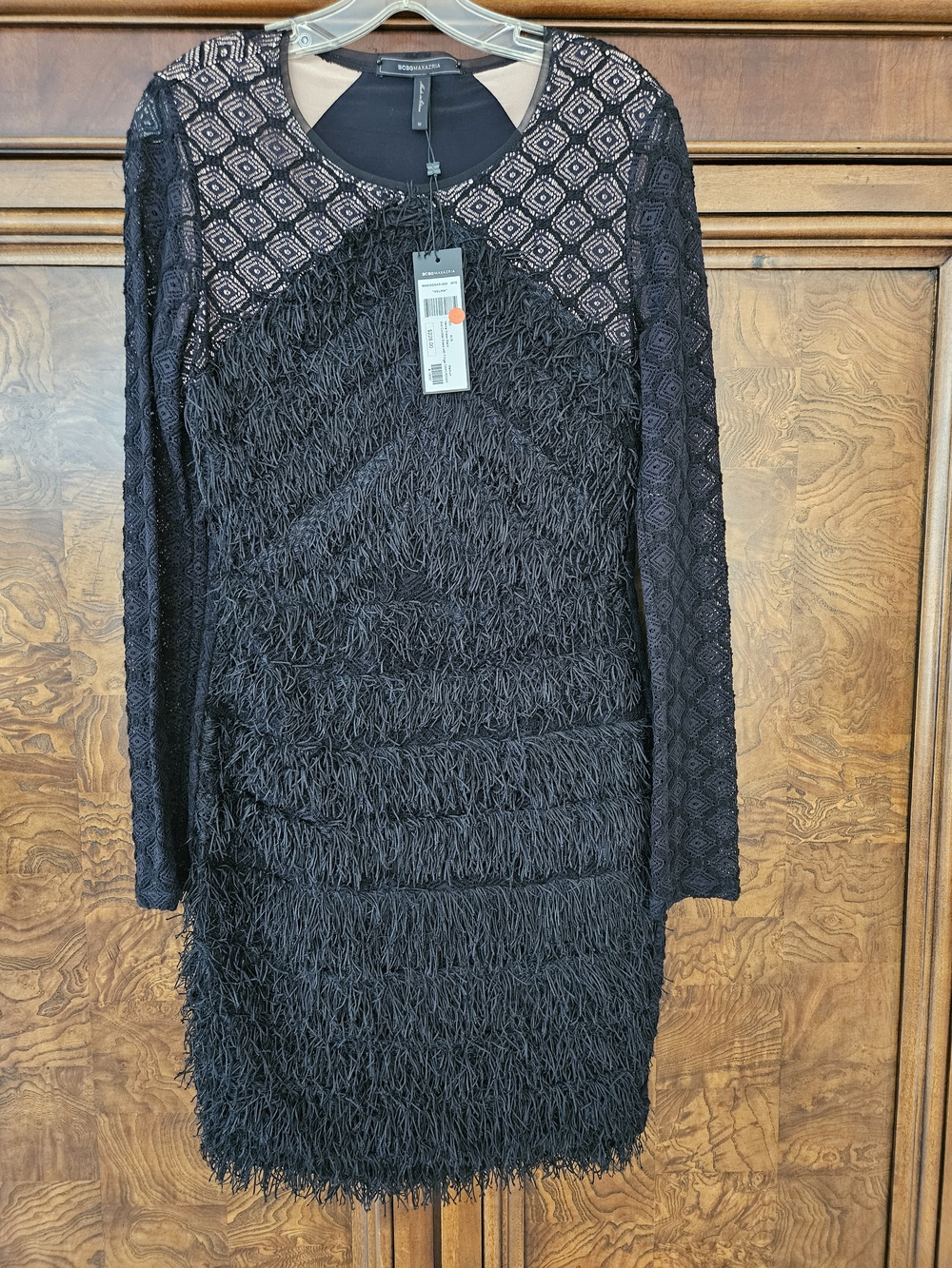 BCBGMaxAzria Black Fringe & Geometric Lace Long-Sleeve Dress